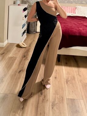 Forever 21 One-Shoulder Two-Tone Wide Leg Jumpsuit in Black & Tan